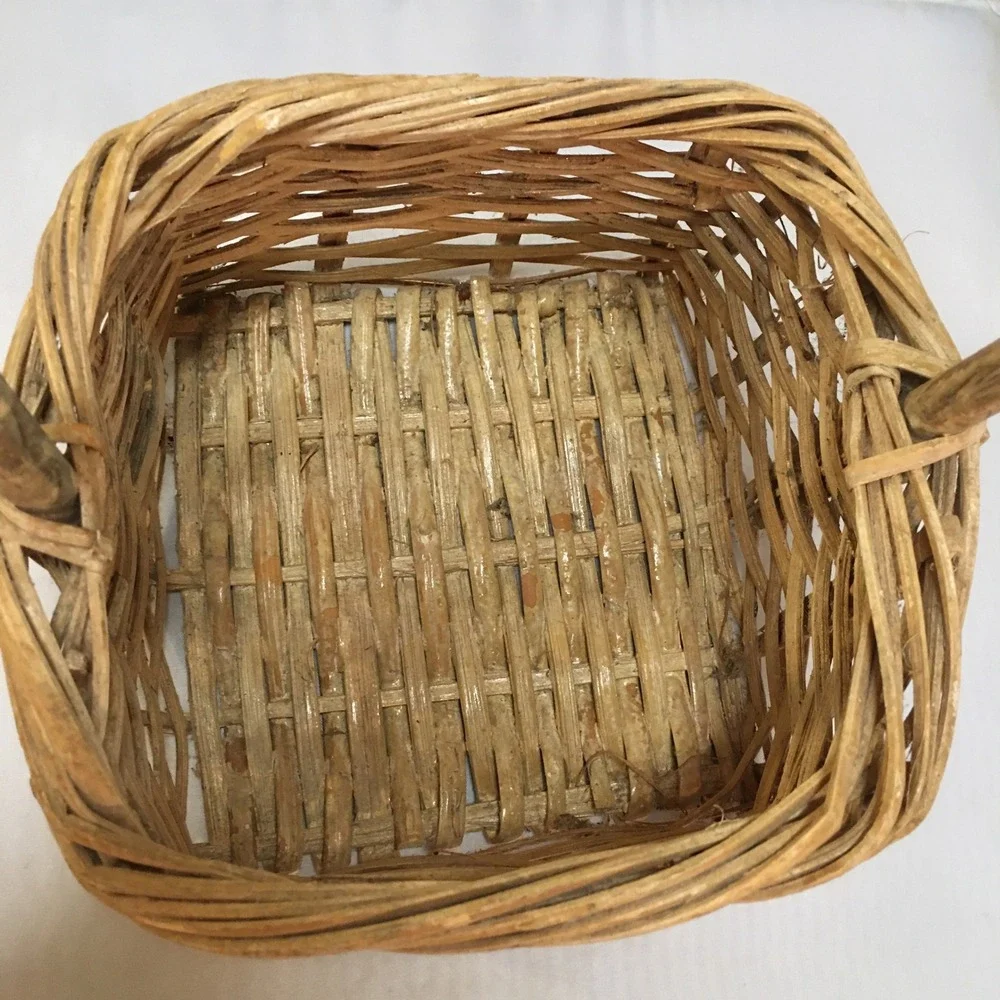 Wicker Basket Home Decor Small Tan Square Woven Storage with Handle Cottagecore